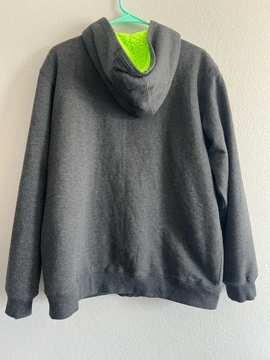Vintage Men’s XL Quiksilver Charcoal Zip Hoodie with Neon Green Fleece Lining - Picture 7 of 12